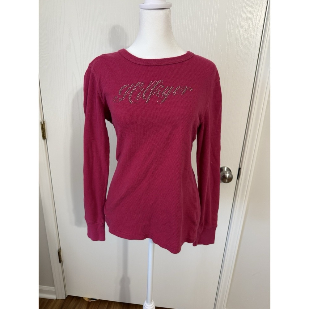 Tommy Hilfiger Women's Y2K Pink Long Sleeve Grunge Rhinestone Bedazzled Size M